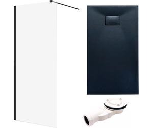 SET Douche à l'italienne 100x195 + Receveur 80x100 Rectangle Transparent Durci 8 mm Nano Verre Noir Aspect Pierre SMC Siphon inclus | BADLAND KETIL VIDAR