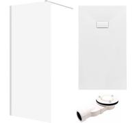 SET Douche à l'italienne 100x195 + Receveur 80x100 - Rectangle Transparent Trempé 8 mm Nano Verre Blanc Aspect Pierre SMC Siphon inclus | BADLAND KETIL VIDAR