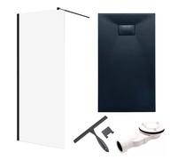 SET Douche à l'italienne 100x195 + Receveur de douche 80x100 - Rectangulaire Durci Nano Verre Noir Pierre SMC incl. siphon & raclette de bain| BADLAND KETIL VIDAR