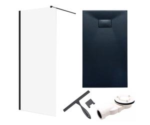 SET Douche à l'italienne 100x195 + Receveur de douche 80x100 - Rectangulaire Durci Nano Verre Noir Pierre SMC incl. siphon & raclette de bain| BADLAND KETIL VIDAR