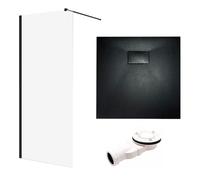 SET Douche à l'italienne 80x195 + Receveur 80x80 Carré Transparent Durci 8 mm Nano Verre Noir Aspect Pierre SMC Siphon inclus | BADLAND KETIL VIDAR