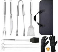set d'outils BBQ en acier inoxydable de 9 pièces avec gants résistants à la chaleur jusqu'à 800°C - Grill Kit Set avec sac de transport pour le camping et les grillades