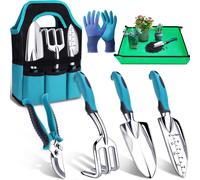 Set d'outils de jardinage - 7 pièces - Aluminium avec sac de rangement et tapis de rempotage - Transplantoir, râteau, bêche et sécateur