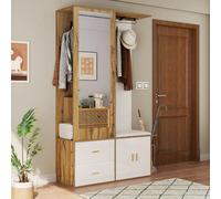 Set dressing blanc et bois avec miroir et tiroirs intégrés