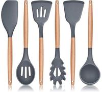 Set d'ustensiles de cuisine en silicone avec manche en bois - résistant à la chaleur - revêtement antiadhésif - facile à nettoyer - gris