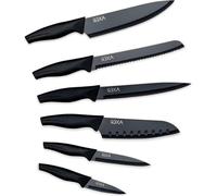 Set d'ustensiles de cuisine noir avec plateau - 6 couteaux de cuisine en acier inoxydable avec revêtement anti-fuites, lame tranchante et manche souple - comprenant un couteau Santoku, un couteau à po