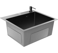 Set évier de cuisine - évier simple rectangulaire - 40×45×20 cm - inox - sans robinetterie - 1 trou - avec panier d'écoulement & distributeur de savon - noir-gris