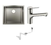 Set évier en acier inoxydable Hansgrohe S 71 43427800, mitigeur de cuisine Hansgrohe Zesis M33 74800800, 43921800