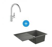 Set Evier K400 en quartz composite avec égouttoir réversible 780x500 mm, Gris granite + Mitigeur monocommande