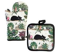 Set Gant et manique pour la Cuisine - Motif Chat avec des Plantes