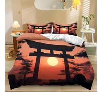 Set Housse de Couette 140 x 200 cm Coucher de Soleil dans la forêt Porte Torii 2 x Taies d'oreiller 65x65 cm 100% Microfibre Parure de Linge de Lit avec Fermeture Éclair Rose Automne Housse de