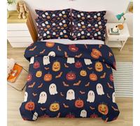 Set Housse de Couette 200 x 200 cm, Motif Fantôme Lanterne Citrouille Petite Chauve Souris Minimaliste Halloween, 2 x Taies d'oreiller 65 x 65 cm, 100% Microfibre Parure de Lit avec Fermeture Éclair