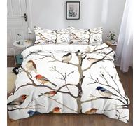 Set Housse de Couette 200 x 200 cm Oiseaux de Branche Impressionnistes Parure de Lit 2 Personnes et 2 Taies d'oreiller 65x65 cm, 100% Microfibre Parure de Linge de Lit avec Fermeture Éclair, Blanc