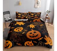 Set Housse de Couette 240x260cm Thème D'Halloween Parure de Lit Lanterne Citrouille Fantôme De Bonbons D'Halloween 3Pièces Parure de Lit Enfant avec 2 Taies d'oreiller 65x65cm, pour Enfant Adolescents