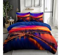 Set Housse de Couette 90 x 190 cm Scène Nocturne De New York Vue Aérienne 2 Pièces Microfibre + 1 Taie d'oreiller 65x65 cm, Fermeture Éclair, 1 Personne Ensemble Literie Douce, Marine