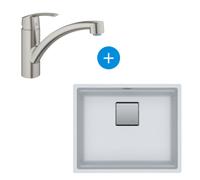 Set Kubus Evier sous plan 56x46cm Fragranit+, Blanc Glace + Mitigeur Grohe Monocommande SuperSteel (125.0512.506-DC1)