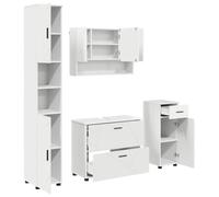 Set Meuble Salle de Bain 4 Pièces Blanc Bois d'Ingénierie et Métal Suspendu | Design minimaliste, rangement polyvalent, montage mural gain de place, entretien facile, look contemporain