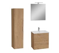 Set Mia ensemble meuble 59x61x39,5 cm pour salle de bain avec miroir, lavabo et éclairage LED + armoire 145x35x35 cm, Chêne