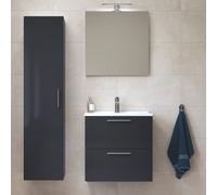 Set Mia ensemble meuble 59x61x39,5cm avec miroir, lavabo, éclairage LED + armoire 145x35x35cm, Anthracite brillant