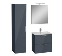 Set Mia ensemble meuble 59x61x39,5cm avec miroir, lavabo, éclairage LED + armoire 145x35x35cm, Anthracite brillant