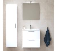 Set Mia ensemble meuble 59x61x39,5cm avec miroir, lavabo, éclairage LED + armoire 145x35x35cm, Blanc brillant