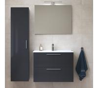 Set Mia ensemble meuble 79x61x39,5 cm avec miroir, lavabo, éclairage LED + armoire 145x35x35cm, Anthracite brillant