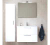 Set Mia ensemble meuble 79x61x39,5 cm avec miroir, lavabo, éclairage LED + armoire 145x35x35cm, Blanc brillant