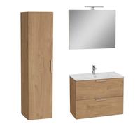 Set Mia ensemble meuble 79x61x39,5 cm avec miroir, lavabo et éclairage LED + armoire 145x35x35 cm, Chêne