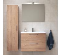 Set Mia ensemble meuble 79x61x39,5 cm avec miroir, lavabo et éclairage LED + armoire 145x35x35 cm, Chêne