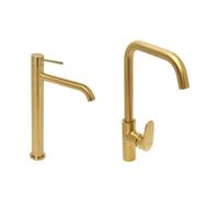 set mitigeur lavabo haut acier inoxydable + mitigeur cuisine avec bras pivotant, or brossé (SATBA280BG)