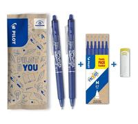 Set Of 2 Frixion Clicker + 1 Set Of 6 Refills + 1 Eraser - Erasable Gel Ink - Blue - Retractable Rollerball Pen - Medium Tip