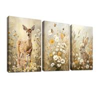 Set of 3 Cadre en Bois Impression sur Toile Lapin de Pâques Tableau Image sur Toile Lapins de compagnie Cerf sika Peinture Champ de Fleurs Tableau Decoration Murale Salon Chambre 30x40cm x 3pcs