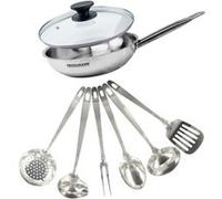 Set poêle 28 cm en inox, couvercle verre et 6 ustensiles inox Fackelmann Eterna inox