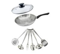 Fackelmann 9445550 Set poêle 28 cm en inox 18/8, Couvercle verre et 6 ustensiles inox, Poêle de cuisson, Poêle tous feux, Poêle induction, Poêle sans PFAS, Acier inoxydable 18/8, Verre, 28 cm