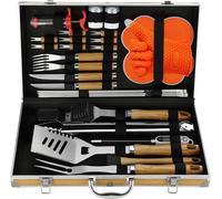 Set Premium d'accessoires pour barbecue avec thermomètre à viande 30pcs Acier inoxydable Coffret en bambou Marron Cadeaux uniques d'ustensiles de barbecue dans un coffret pour hommes