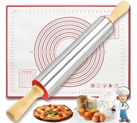 Set rouleau à pâtisserie et tapis de cuisson en silicone, rouleau à pâtisserie en acier inoxydable de 43 cm avec poignées en bois et tapis en silicone avec échelle de mesure, accessoires de cuisson an