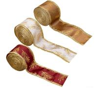Set Rubans Noël 3x5m Tissu Rigide Bordures Scintillantes | Motif aiguille de pin doré, bords scintillants, couleurs or , pour idéal décoration festive