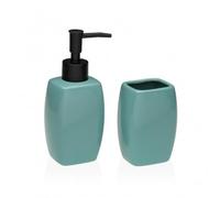 Set salle de bain distributeur savon et porte-brosses à dents en céramique - accessoires salle de bain design moderne, distributeur savon liquide + gobelet porte-brosse à dents rechargeable (Turquoise