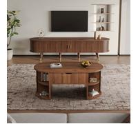 Set Salon 2 Pièces - Table basse relevable + Meuble TV - Stries verticales - Pieds bois - Doré