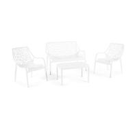 Set / Salon de jardin et extérieur en polypropylène avec fibre de verre 4 places, canapé deux places, 2 fauteuils et table basse, empilable, imperméable, design moderne - Set Maratea (Blanc)
