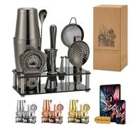 Set Shaker Boston 16 Pièces - Kit Barman en Acier Inoxydable 304 avec Support Acrylique, Passoire, Cuillère, Jigger, Pilon, Pince à Glace, Verseurs et Picks à Cocktail (Noir)