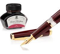 Set stylo plume Cleo Skribent Classic Gold Bordeaux, stylo plume à piston et 30 ml d'encre rouge