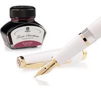 Set stylo plume Cleo Skribent Classic Gold White, stylo plume à piston et 30 ml d'encre bordeaux