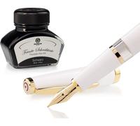 Set stylo plume Cleo Skribent Classic Gold White, stylo plume à piston et 30 ml d'encre noire