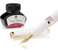 Set stylo plume Cleo Skribent Classic Gold White, stylo plume à piston et 30 ml d'encre rouge