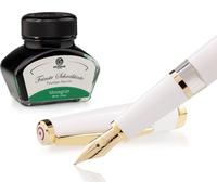 Set stylo plume Cleo Skribent Classic Gold White, stylo plume à piston et 30 ml d'encre verte