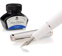 Set stylo plume Cleo Skribent Classic métal blanc, stylo plume à cartouche et 30 ml d'encre bleue