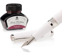 Set stylo plume Cleo Skribent Classic Palladium Blanc, stylo plume à piston et 30 ml d'encre bordeaux
