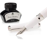 Set stylo plume Cleo Skribent Classic Palladium Blanc, stylo plume à piston et 30 ml d'encre noire