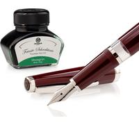 Set stylo plume Cleo Skribent Classic Palladium Bordeaux, stylo plume à piston et 30 ml d'encre verte